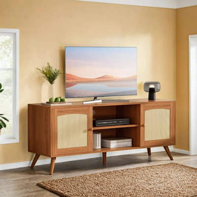 TV Stand For 60 Inch TV, Wooden Mid Century Modern Entertainment Center With Natural Rattan Door, Boho Media TV Console For Living Room,(Black) by Bay Isle Home