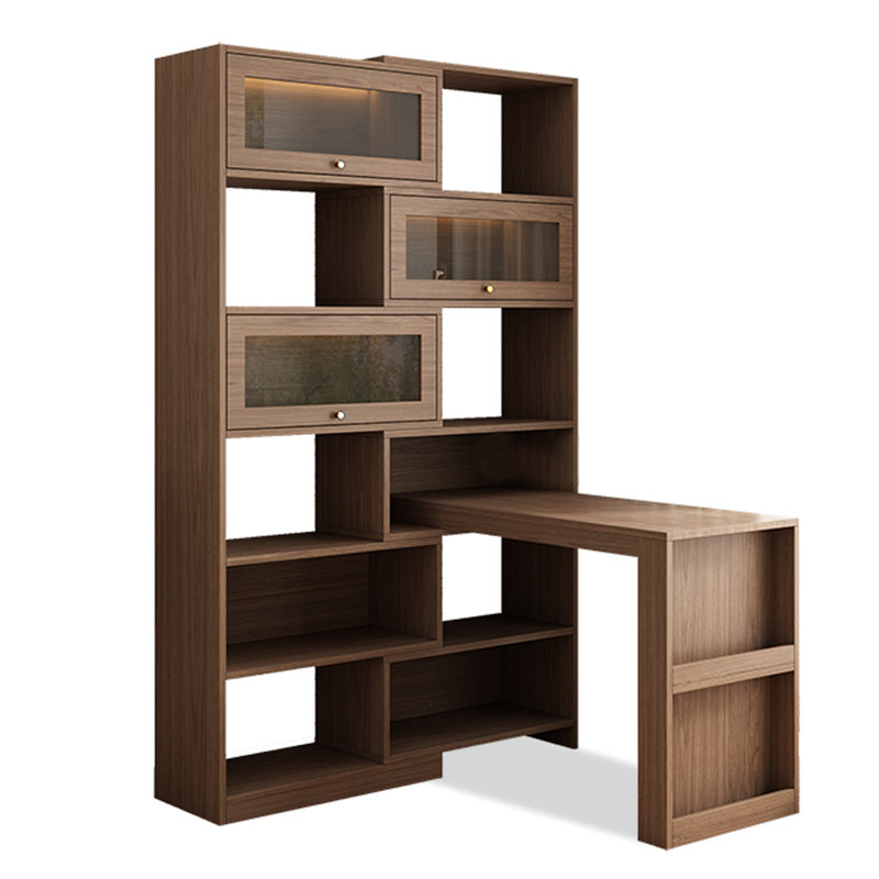 Solid Wood L-Shaped Retro-Style Extendable Bookcase-Desk Combo, Brown, 78.74" H x 47.24" W x 39.37" D