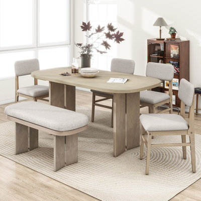 Solid Wood Dining Table Set With Upholstered Chairs & Bench, 6-Piece Modern Farmhouse Kitchen Dining