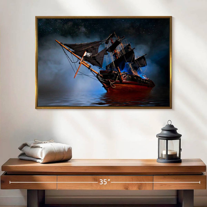 Bateau pirate, 25 po x 17 po, Cadre flottant doré