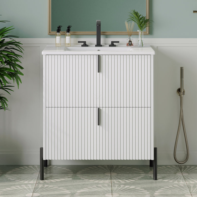30" Bathroom Vanity With Ceramic Sink, Equipped With Vertical Pulls And Full-Extension Drawers, Freestanding Bathroom Vanity With Soft Close Drawer Slides