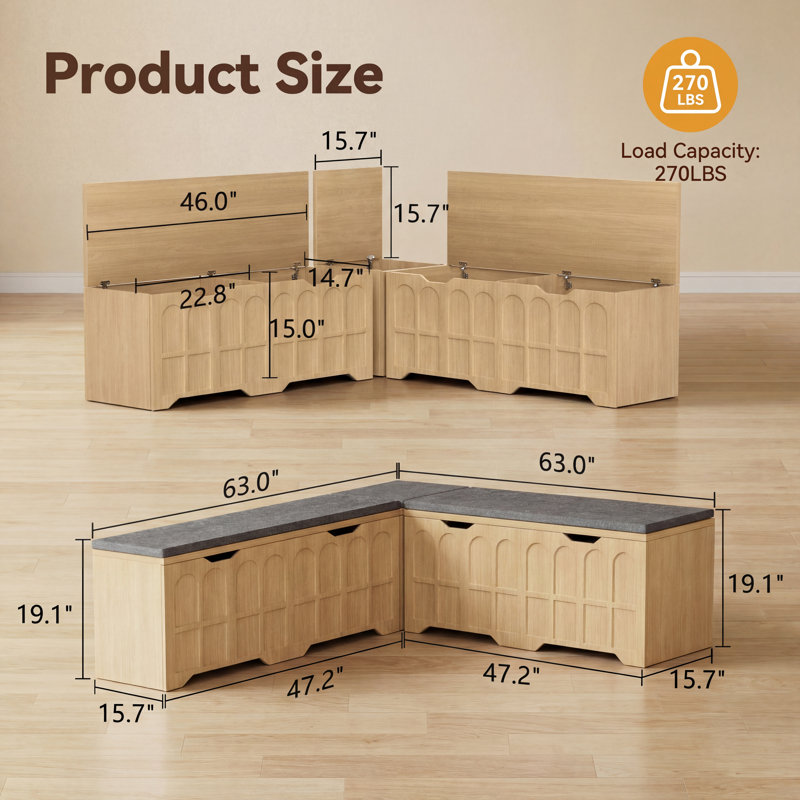 3-Piece L-Shaped Storage Bench with Upholstered Cushion - Corner Dining Bench for Kitchen, Entryway & Reading Nook