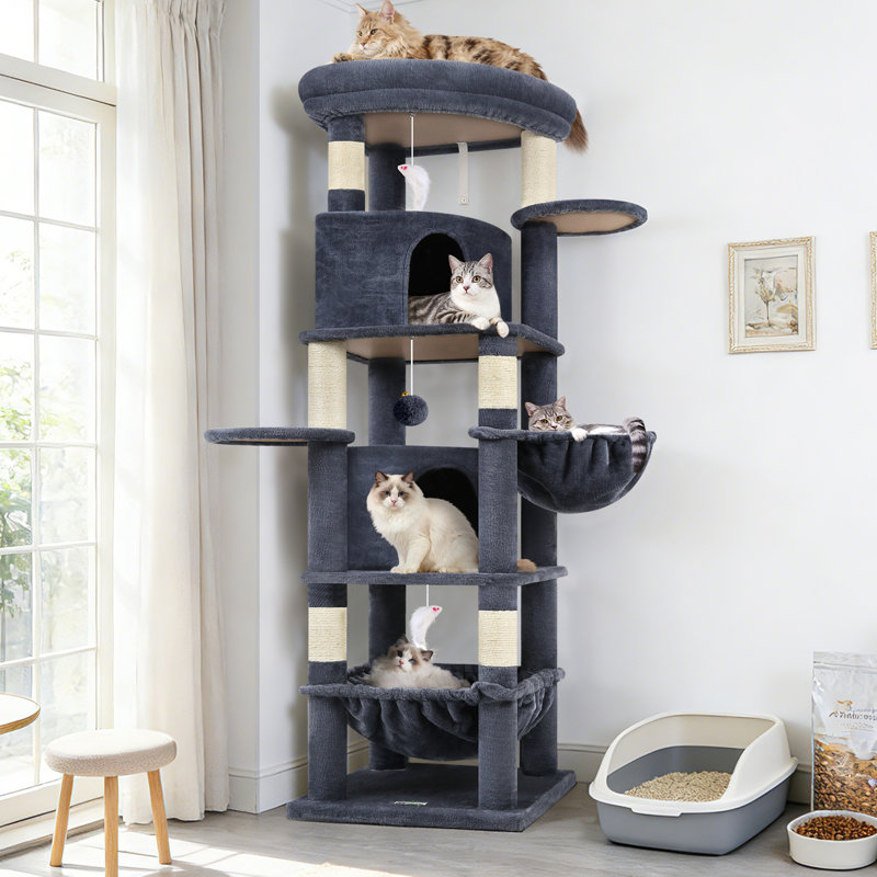 Arbre à chat de 173 cm (68 po) pour chats d'intérieur, structure à plusieurs niveaux avec 2 niches, poteaux à griffer en sisal et hamac, gris foncé