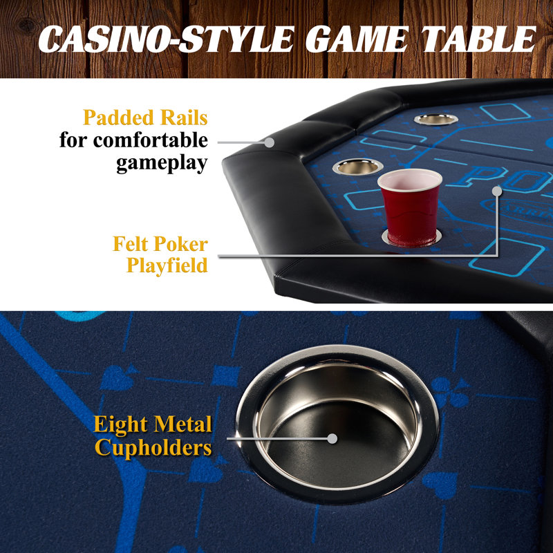 48'' Octagonal Blue Felt Poker Table with Folding Legs and Drink Holders