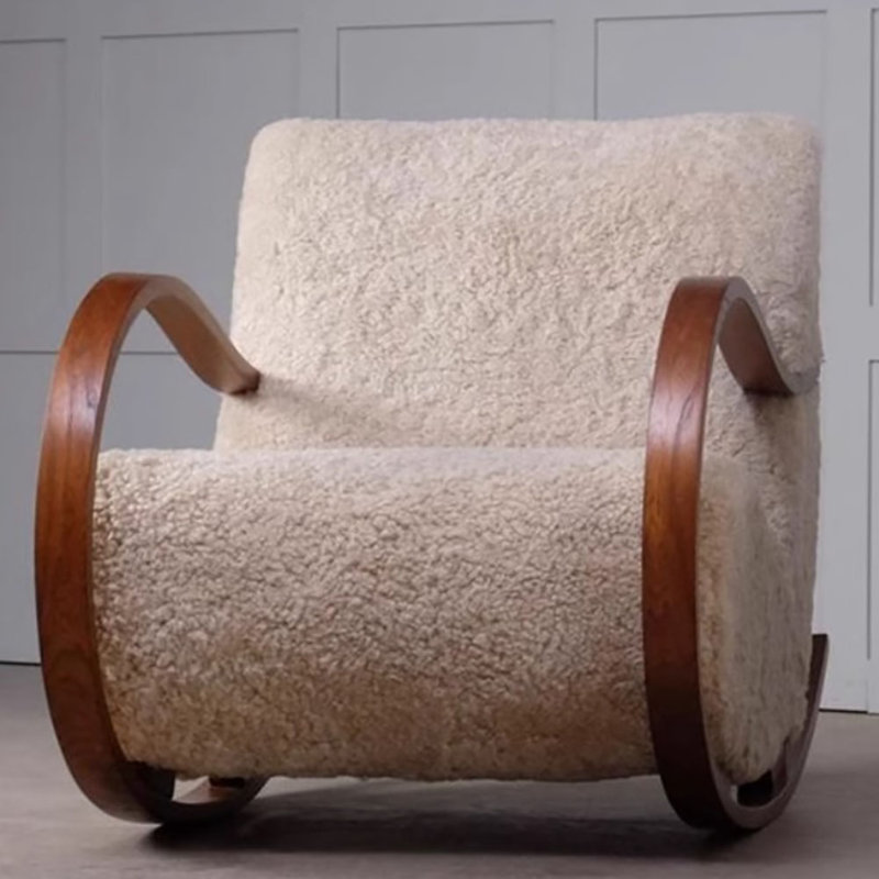 Chaise berçante en bois massif rétro français, Blanc cassé / brun foncé