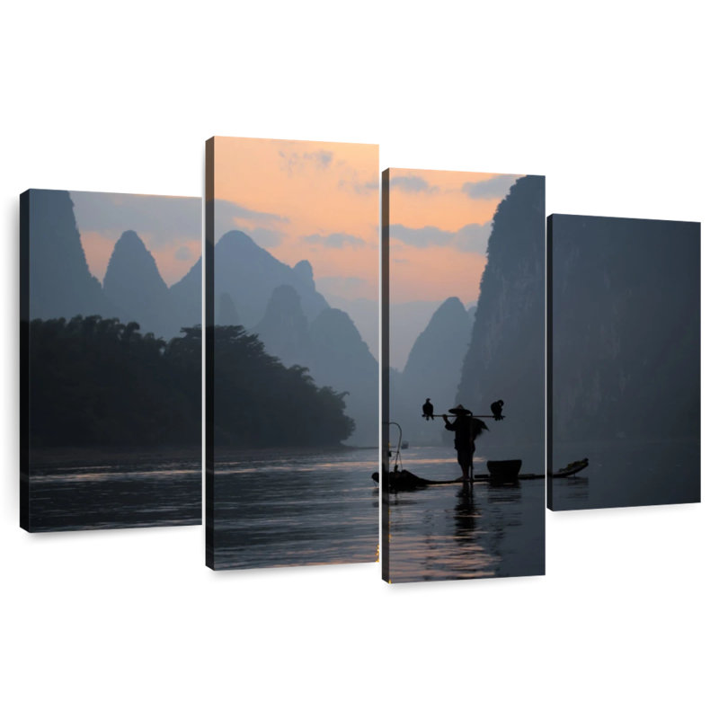 Li River, pêche au crépuscule, H 22 po x l 36 po