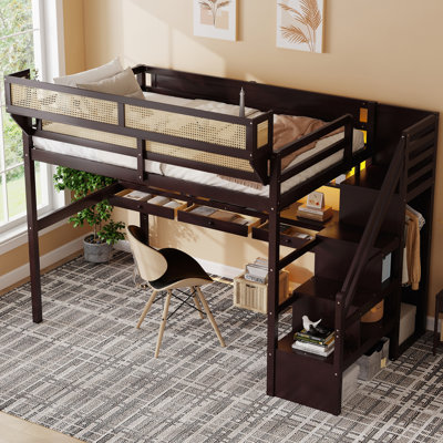 Full Size Loft Bed with Desk and Wardrobe, Wood Full Loft bed with Charging Station and Light,Espresso