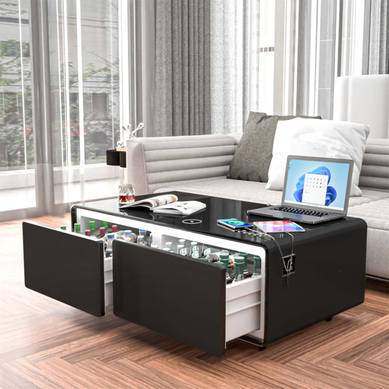 Table basse moderne et intelligente avec réfrigérateur intégré, haut-parleurs Bluetooth, chargement sans fil et éclairage RVB pour une expérience de salon améliorée