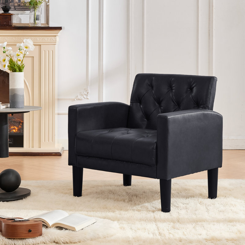 30.91"W Leather Tufted Accent Chair, Black