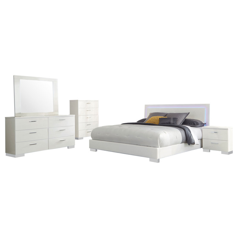 Ensemble de chambre à coucher grand 5 pièces Sok, revêtement en similicuir, blanc ultrabrillant, Grand lit