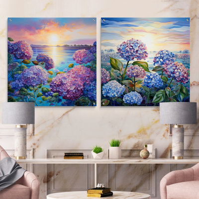 'Purple Hydrangea By The Late - Flower Field Acrylic Wall Art Glass Set Of 2