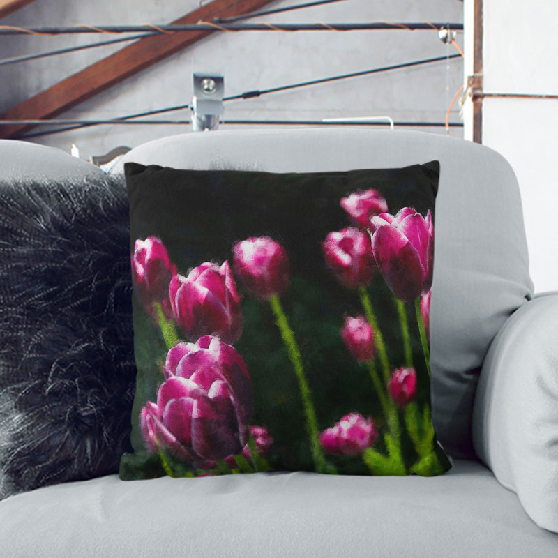 Pink Tulip Flowers Painting Square Throw Cushion, Stone, 40cm H x 40cm W x 15cm D