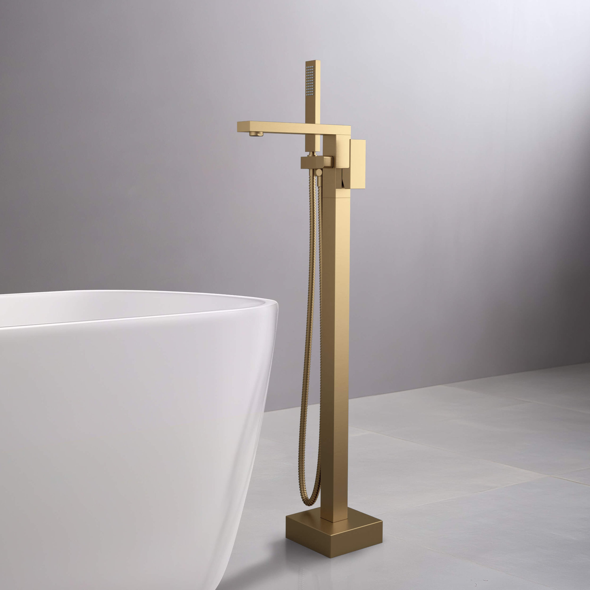 Cube Floor Tub Spout with Diverter, Brushed Brass