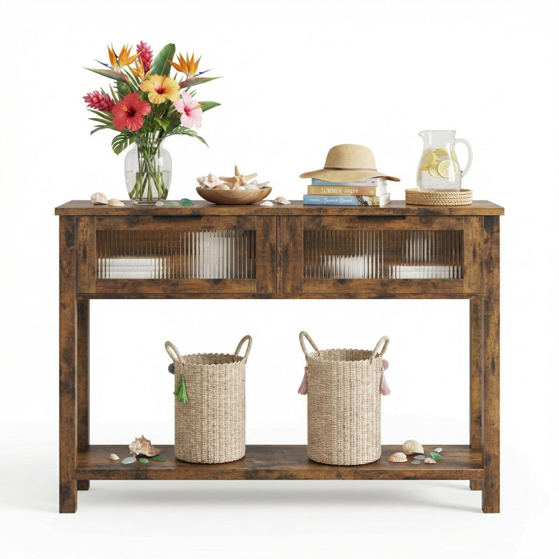 43" Modern Farmhouse Console Table with 2 Glass-Front Drawers - 2-Tier Slim Sofa Table, MDF Top & Solidified Wood Legs, Open Storage Shelf - Hallway, Living Room, Apartment.