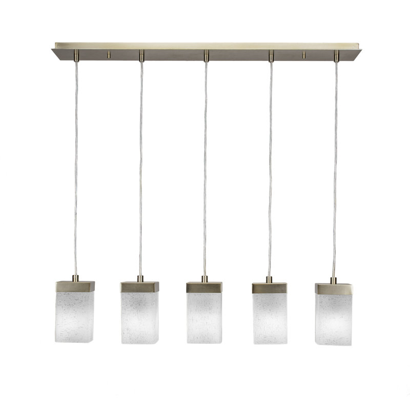 Karson 5 Light Cord Hung Linear Pendalier Shown With 4" Square White Muslin Glass, New Age Brass