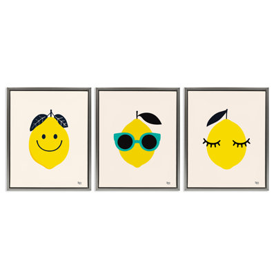 Ensemble de 3 toiles flottantes encadrées noires Hip Summer Lemon faces par Jessica Beck
