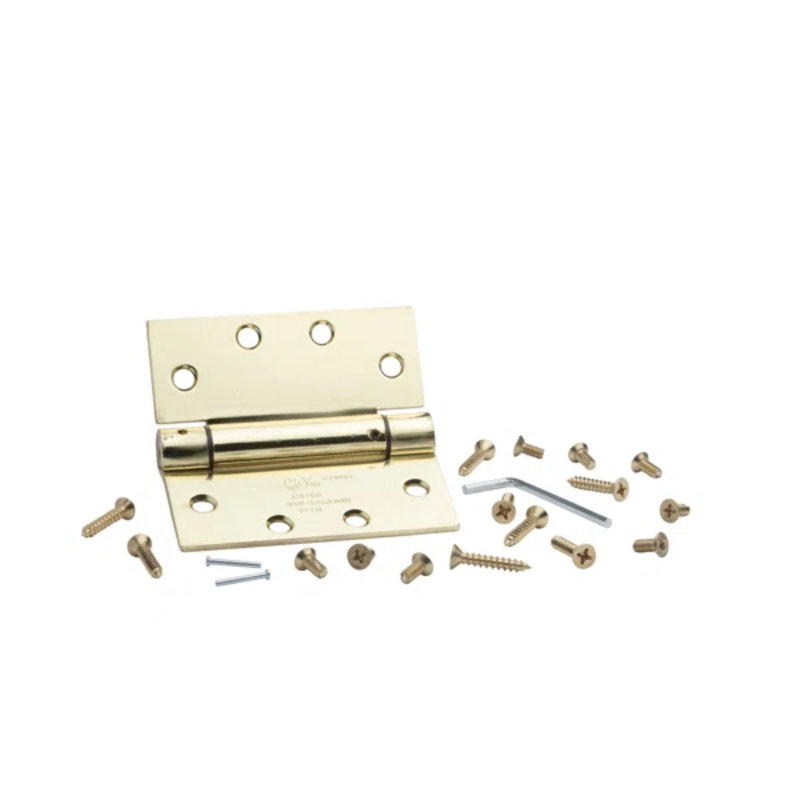 4.5 in. x 4.5 in. Full Mortise Spring With Non-Removable Pin Squared Hinge, Bright Brass