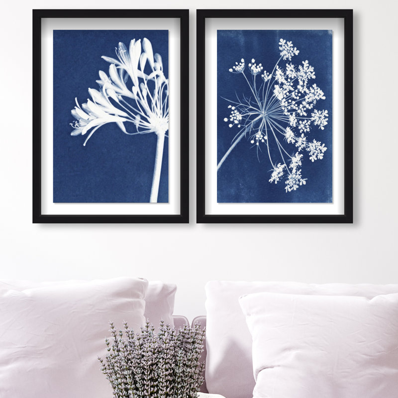 Cyan Flowers Set Shadowbox Floral & Botanical Print by Oliver Gal, Black Frame, 10 x 15, 17.5"H x 25.5"W, Black Shadowbox