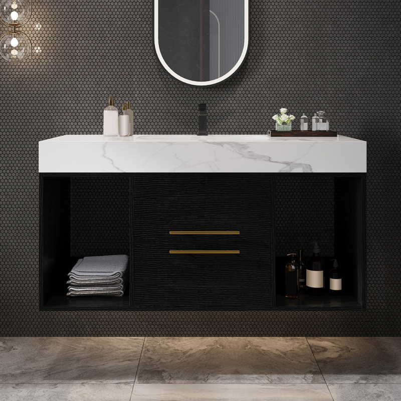Meuble-lavabo flottant 39,4 po avec lavabo en céramique et armoire de rangement, Noir