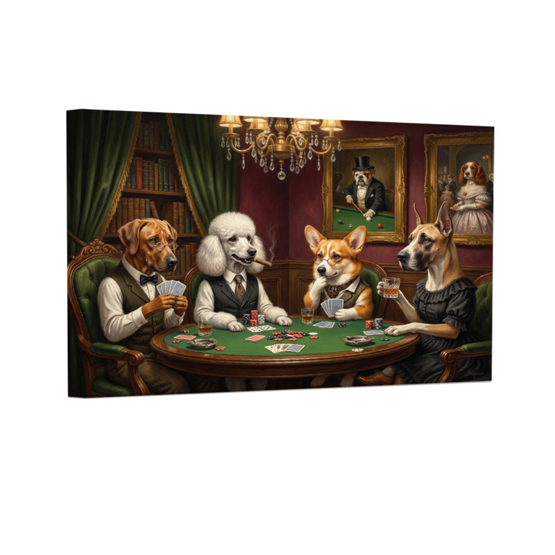 Animaux, chiens, jouer au poker dans une chambre élégante, H 16 po x l 24 po