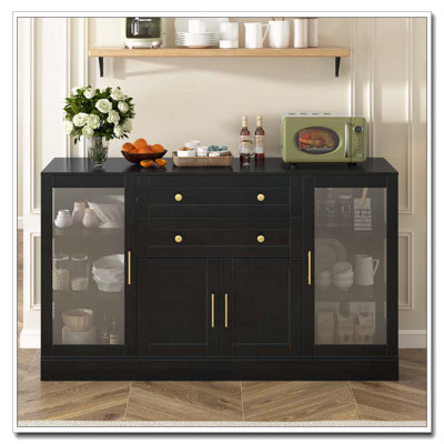 Buffet 58,3 po moderne avec 4 portes et 2 tiroirs, tablettes réglables, prise de courant, panneaux en acrylique, poignées en alliage d'aluminium