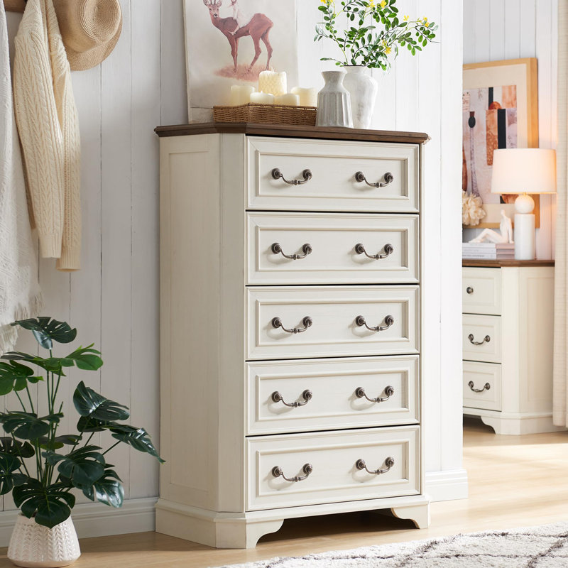 Commode 5 tiroirs Harbison, Blanc antique
