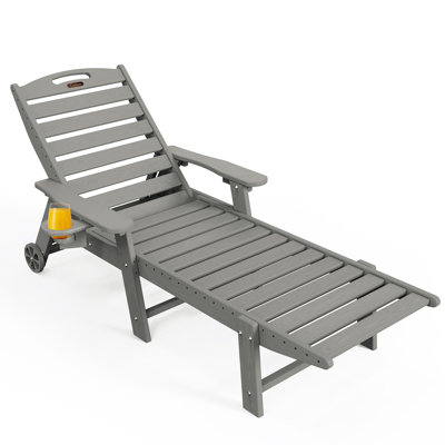 Wheels Lounge Chaise Outdoor Wood Texture Pool Lounge Chair Swimming Reclining Outdoor Chaise Lounge With Cup Holder by Highland Dunes