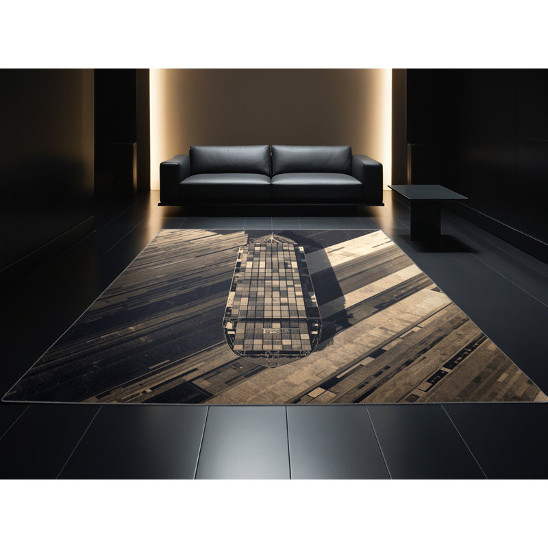 Tapis géométrique industriel gris et gris en tissu lavable à la machine, 4 x 2