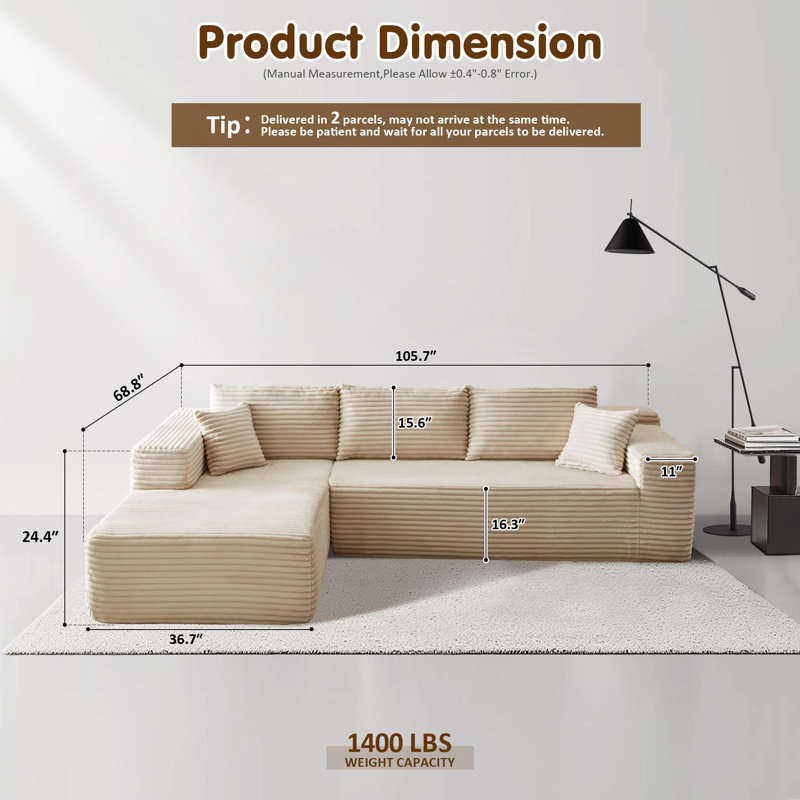 104" Cloud Sectional Couch With L-Shape Chaise, Beige Corduroy