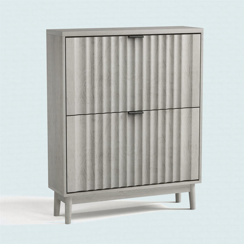 Shoe Cabinet With 2 Flip Drawers, Fluted Shoe Storage Cabinet For Entryway, Free Standing Shoe Storage Organizer With Wave Doors