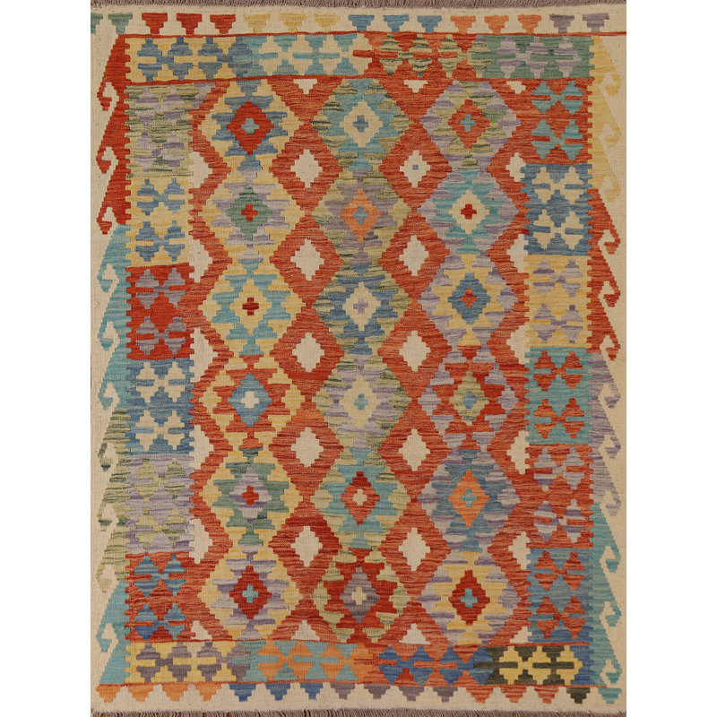 Tapis bleu / orange / crème en laine noué à la main de conception unique 5 pi 2 po x 6 pi 3 po New Age