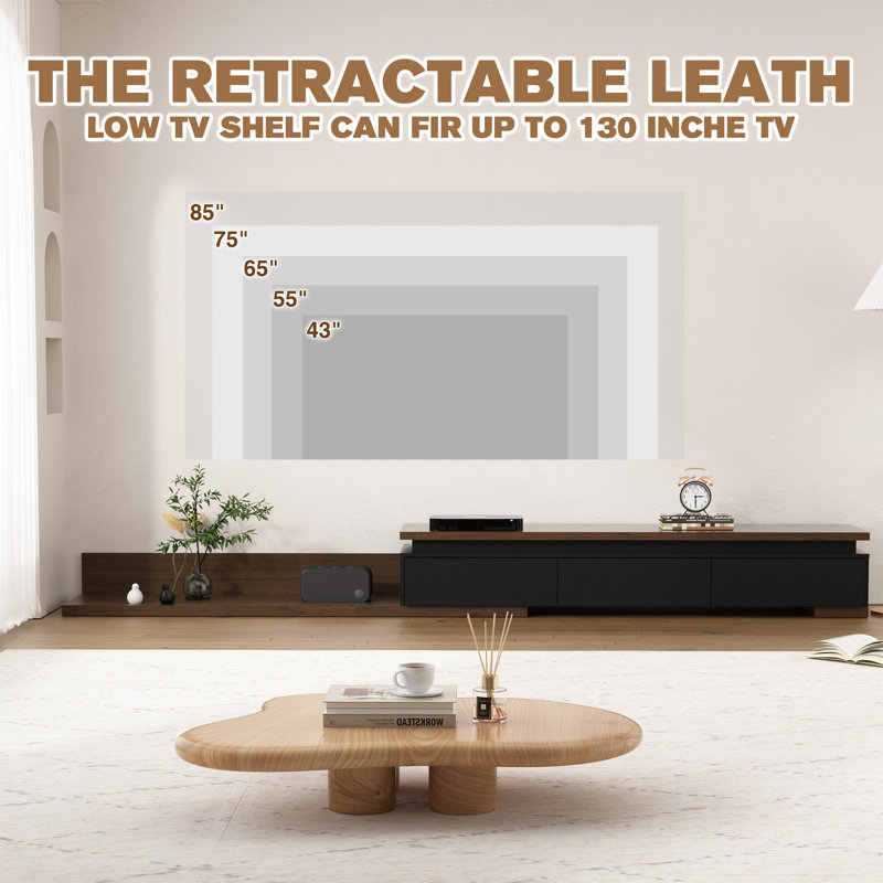 Extendable TV Stand With Led Lights, Modern Reversible TV Console, Black