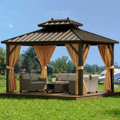 Pavillon de jardin robuste à toit rigide 10 x 10 pi - Pavillon en aluminium à double toit - Rideaux et filet - Auvent extérieur résistant aux intempéries pour patio, cour arrière, terrasse