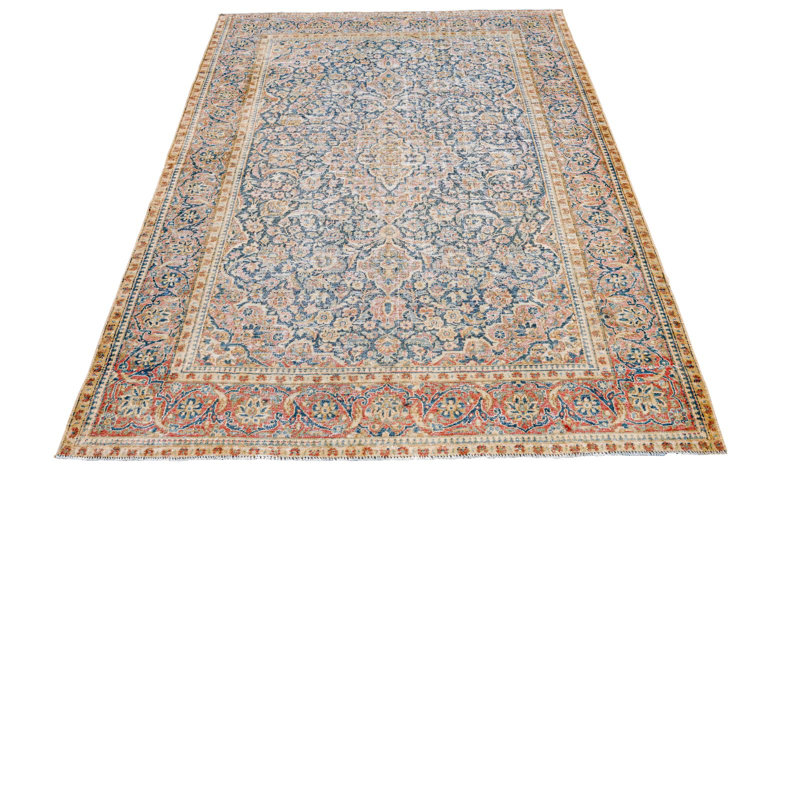 Vintage Handmade 4X7 Beige And Blue Anatolian Turkish Oushak Distressed Area Rug