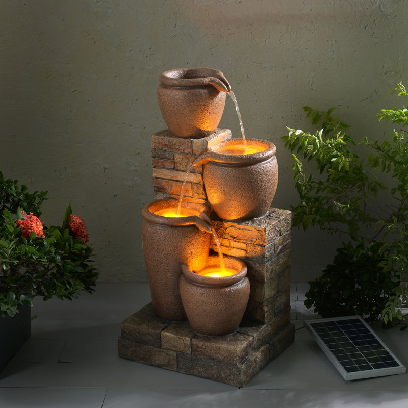 Jalijah 30.71" 4-Tier Solar Water Fountain with LED Lights, Brown