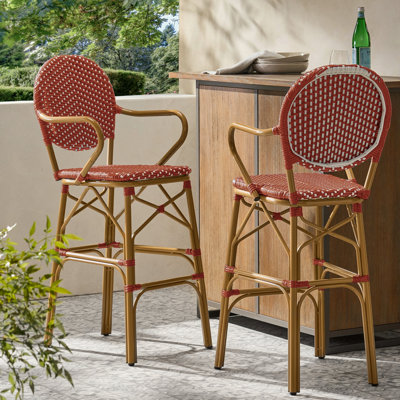 Outdoor Wicker And Aluminum 29.5" French Barstools, Set Of 2
