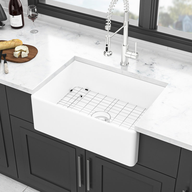 28 po, blanc, bol simple, évier de cuisine, céramique, ensemble de drain, grille inférieure, crépine, chaleur, ébréchure facile à entretenir et durable