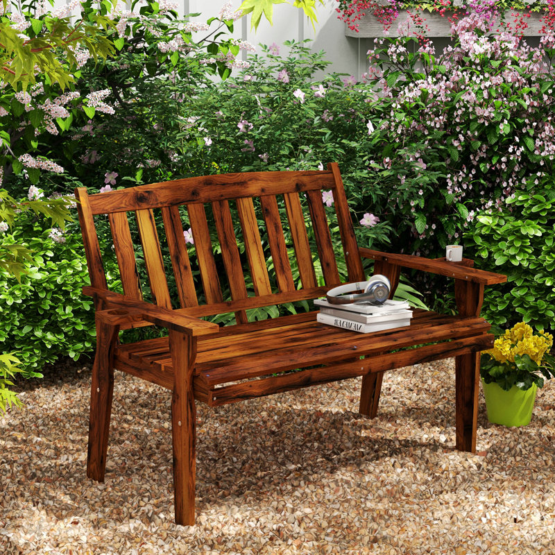 Banc, banc d'extérieur, banc de jardin pour 2 personnes avec accoudoirs porte-gobelets