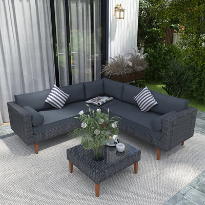 Ensemble modulaire d'extérieur en osier 4 pièces avec coussins colorés
