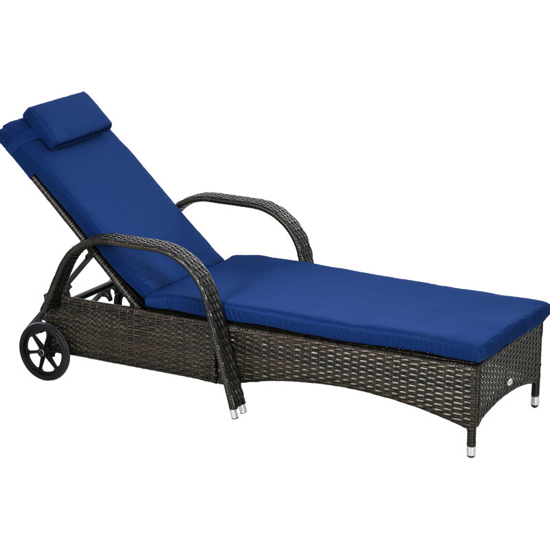 Chaise longue de piscine confortable à 5 niveaux, avec roulettes, coussin et fauteuil joyeux brun et bleu foncé, réglable