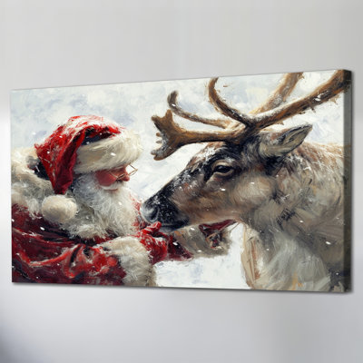 Père Noël et renne, reproduction d'art sur toile, reproduction de scène d'hiver, art mural de Noël, décor de maison de campagne des Fêtes prêt à être accroché, 12 po x 24 po