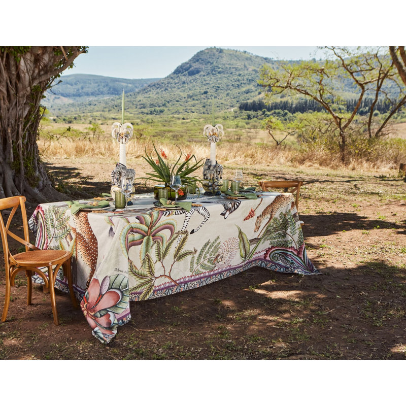 Ardmore Cotton Tablecloth, 94" Rectangle, Beige/Green