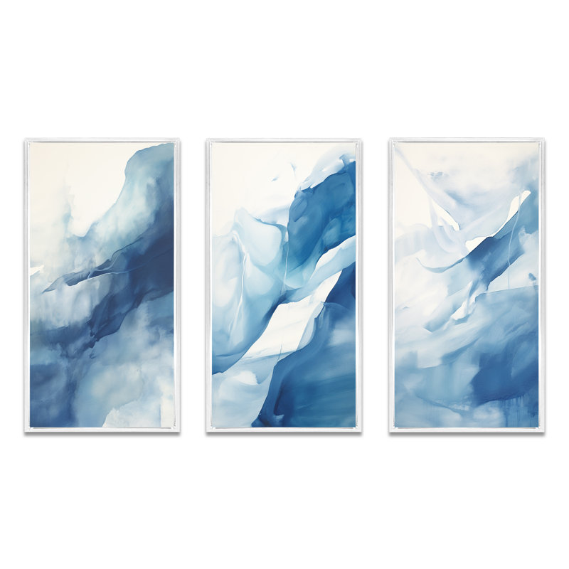 Blue And White Dancing Watercolor Clouds - Abstract Painting Art Set Of 3 Pieces, H 28 po x l 36 po, Cadre blanc