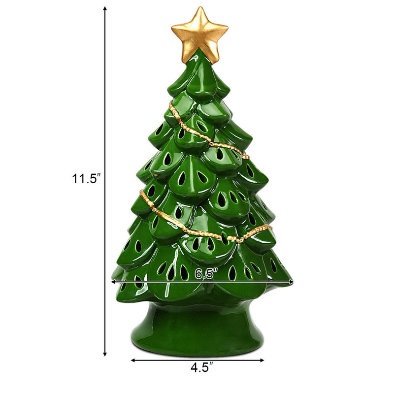 Arbre de noël en céramique pré-éclairée, H 11,5 po x l 6,5 po x P 4,5 po, Vert