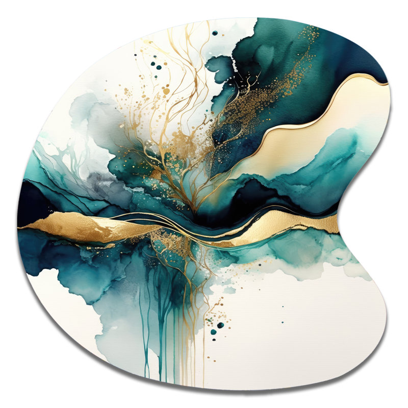 Sarcelle et or abstrait Expression III - Abstrait liquide encre liquide, art mural asymétrique, H 33 po x l 33 po