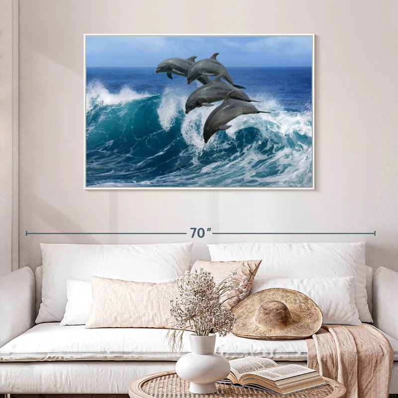 Dauphins à Hawaï, 46 po x 31 po, Cadre flottant blanc
