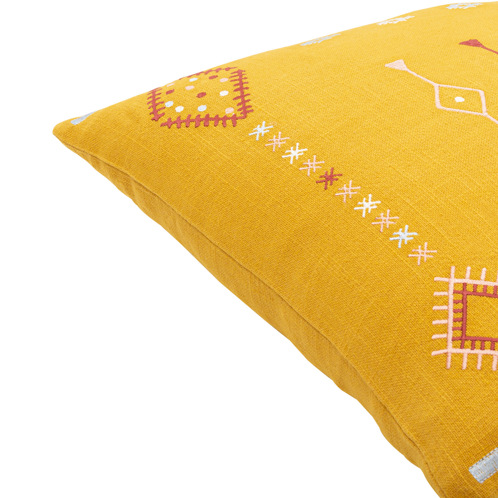 Gwyn Embroidered Cotton Pillow Cover, Mustard/Dusty Pink/Pale Blue, 20" x 20"