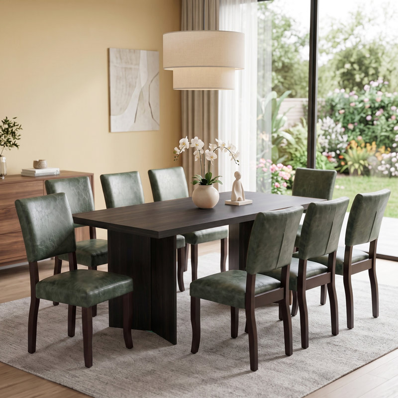 Amiliana Wooden Rectangular Dining Table With Upholstered Kitchen Chairs, Wood Legs Dining Room Set, Noir/vert