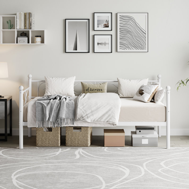 Twin Size Space-Saving Metal Daybed Frame with Floral Headboard, Heavy Duty Steel Slats, Sofa Bed for Living Room, Bedroom or Guest Room, No Box Spring Needed - White