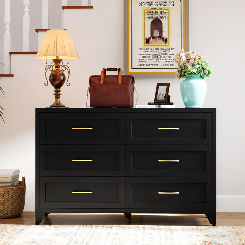 47.2" White 6-Drawer Metal Dresser, Wide Steel Storage Cabinet with Anti-Tip Kit — White, Black